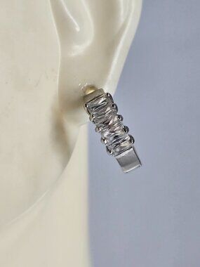 Womens Vintage Estate Sterling Silver CZ Hoop Earrings, 3.6g E6765